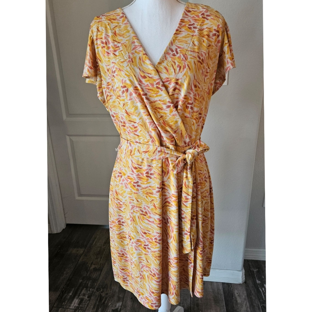 NINE WEST Yellow Orange Paint Pattern Faux Wrap Dress w/ Tie Size Large